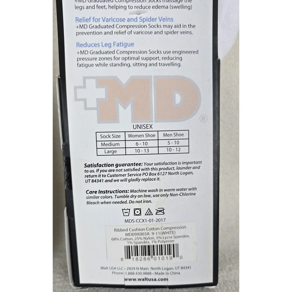 MD Compression Socks White Medium‎ Ribbed Cushion Over the Calf 2 Pair Swelling